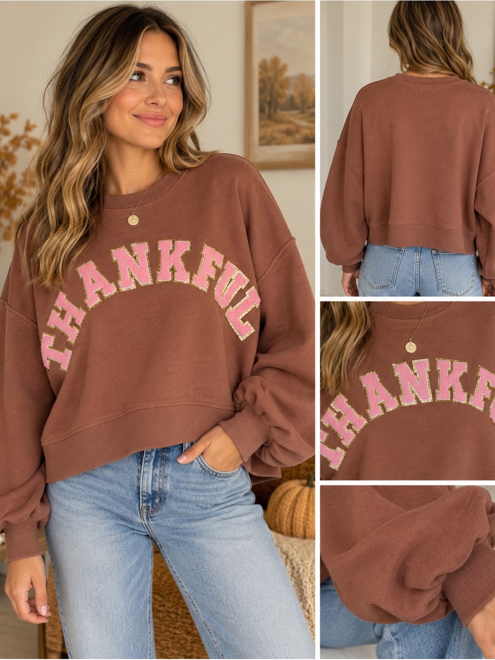 Judith March Thankful Sweatshirt Large Brown Pink Chenille Sparkle Cropped